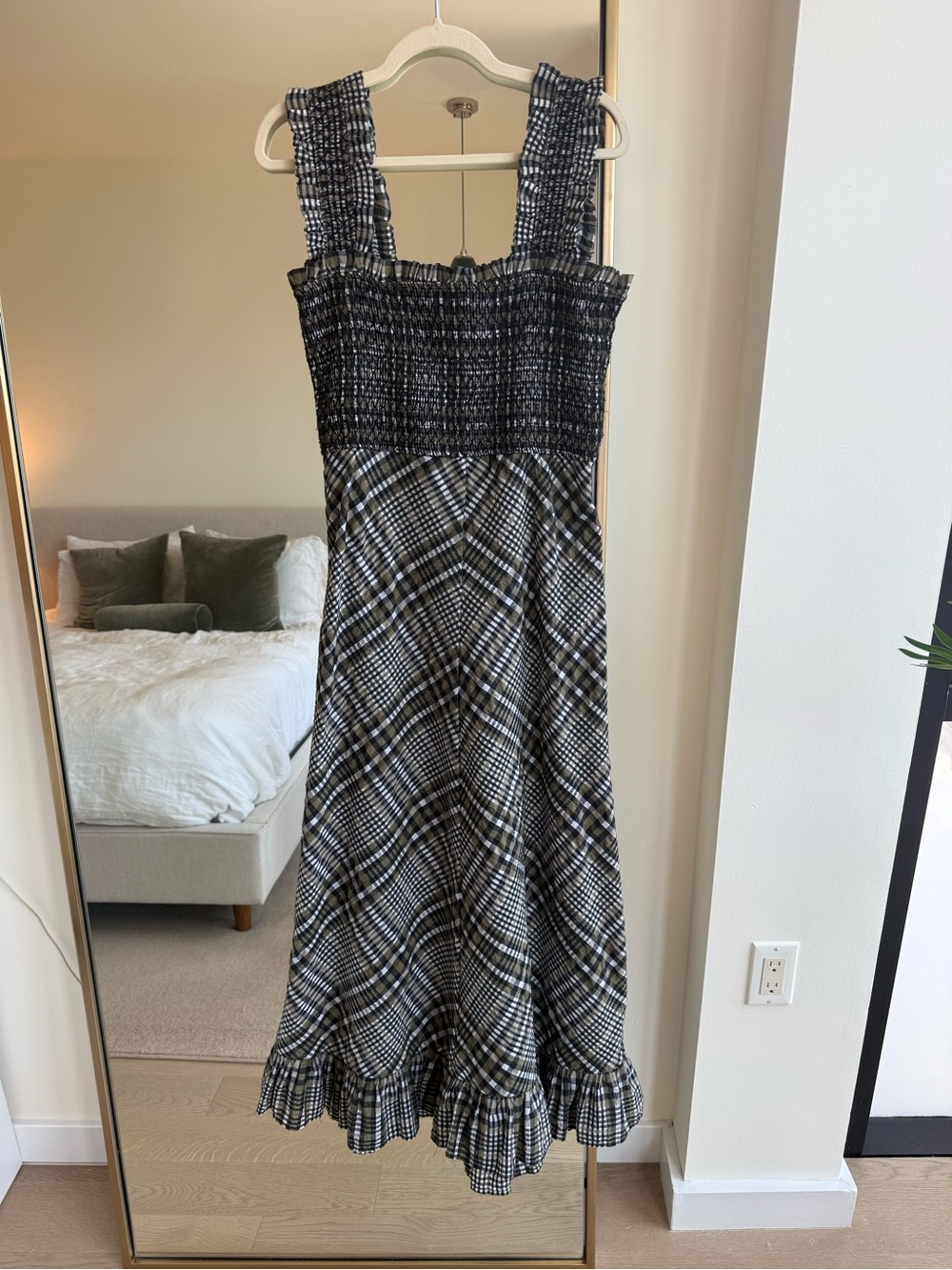 Ganni Black and White Smocked Plaid Maxi Dress